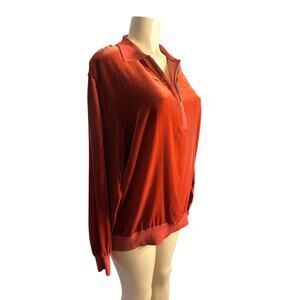 Women XL Lafayette 148 New York Zip Red Pullover Velvet Velour Silk Top Popover
